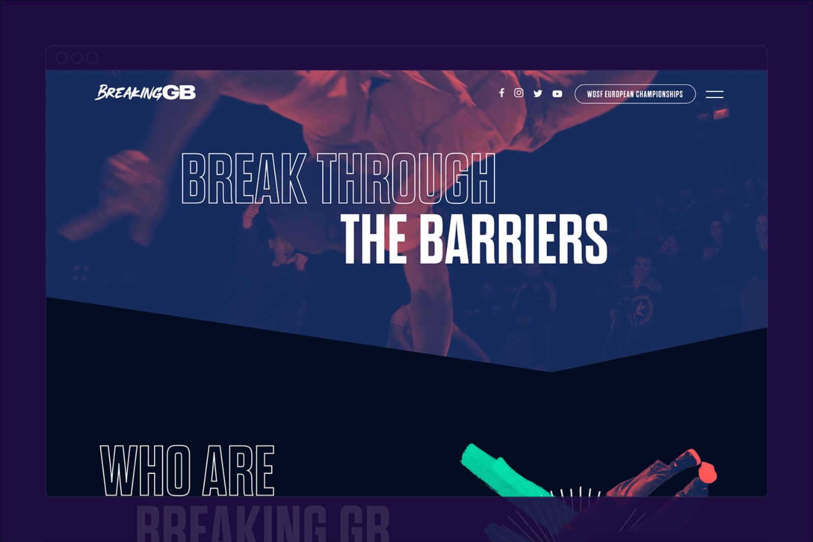 Breaking GB website design - Break through the barriers, who are breaking GB. Red and Blue graphic of people breaking.