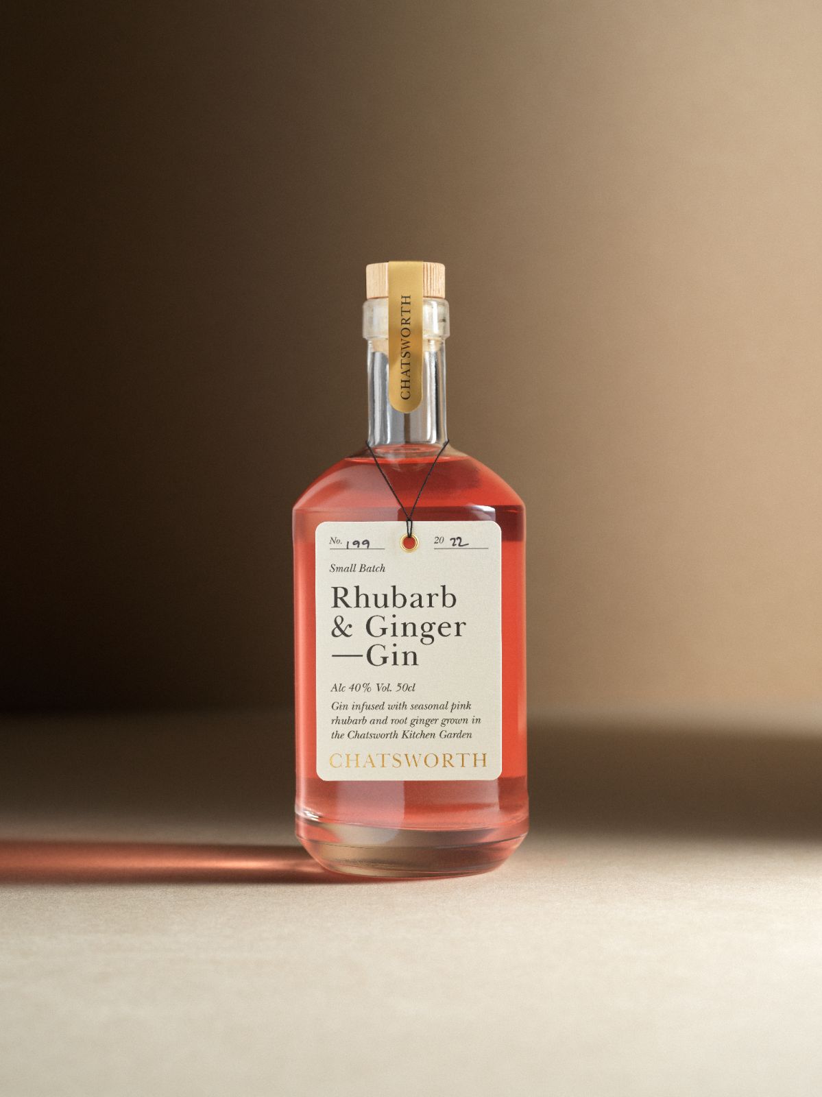 A bottle of pink small batch Chatsworth Rhubarb 