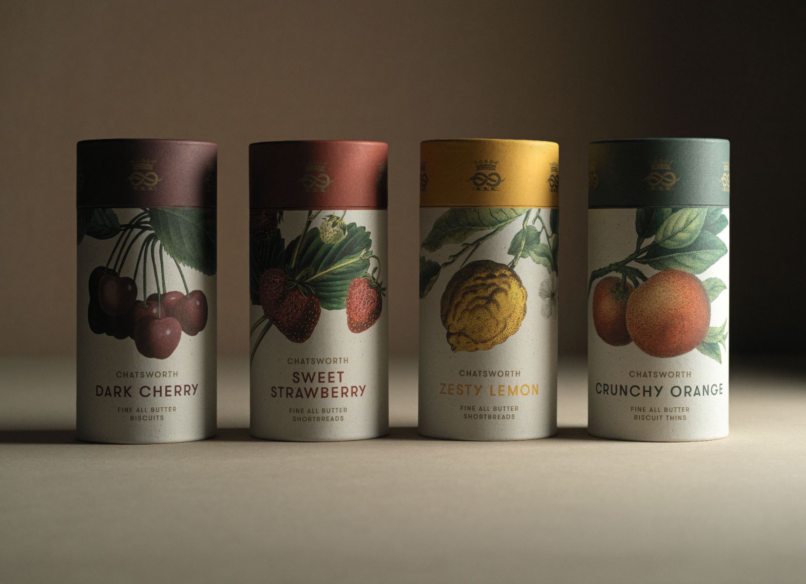 Full range of flavoured Chatsworth Artisan Biscuits. Vertical packaging with botanical illustrations across the side.
