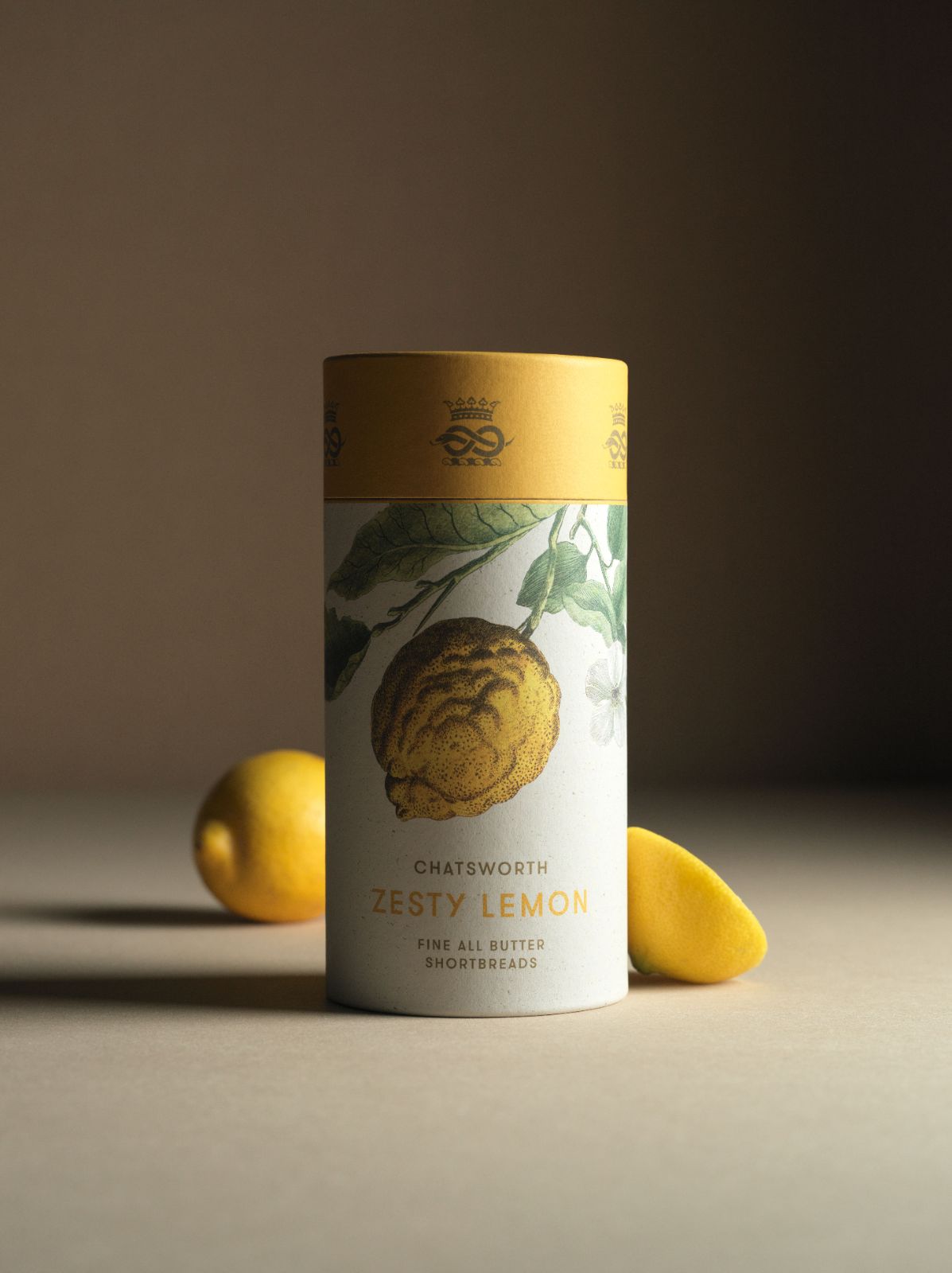 Lemon Chatsworth Artisan Biscuits. Vertical packaging with botanical illustrations across the side.