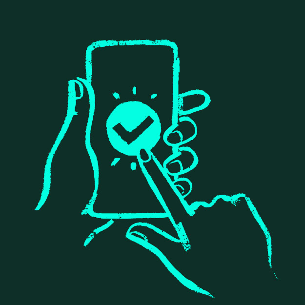 Hand drawn icon of hand using mobile phone. The phone has a large tick on the screen.