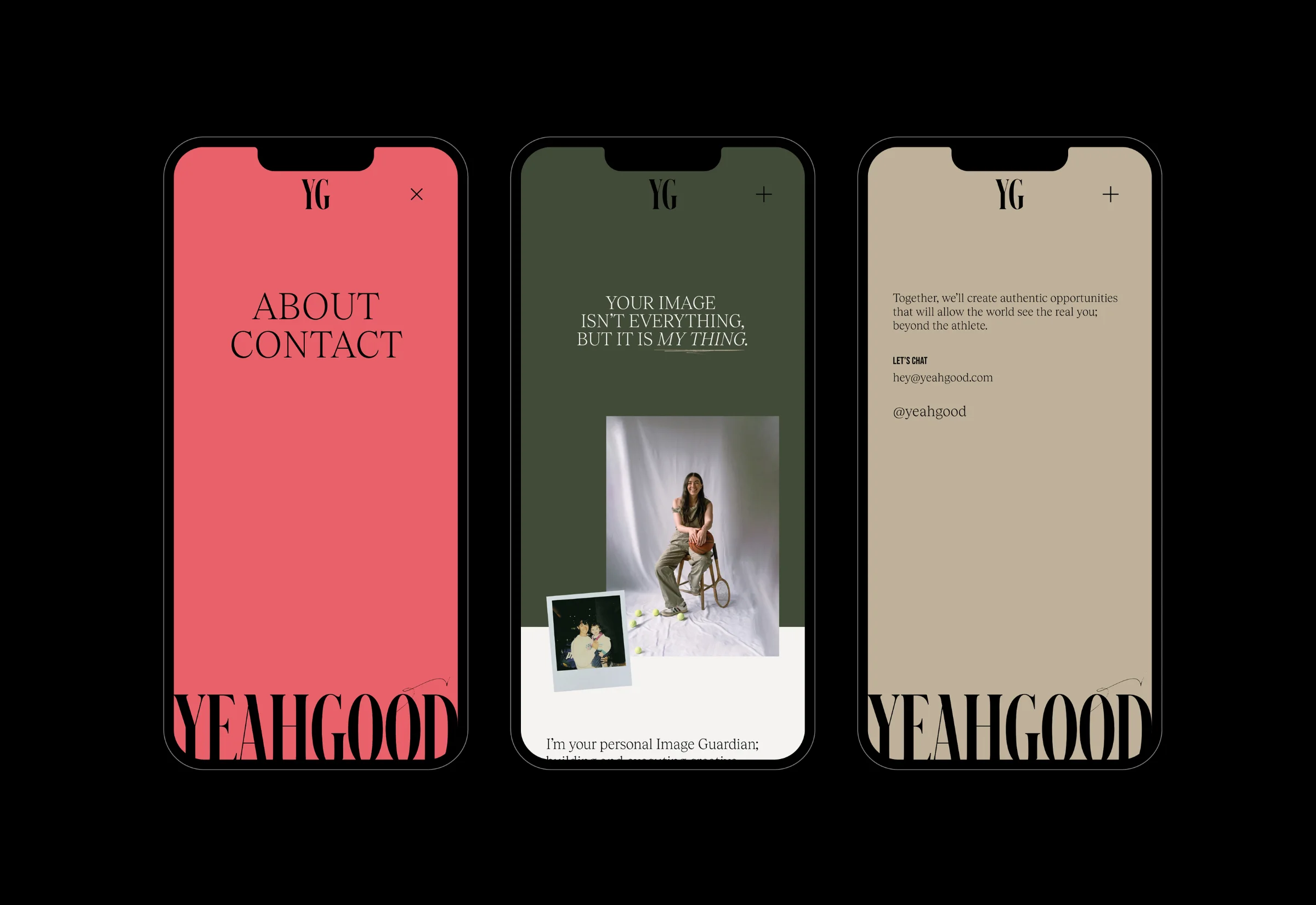 Three iPhone mockups of YEAH GOOD brand