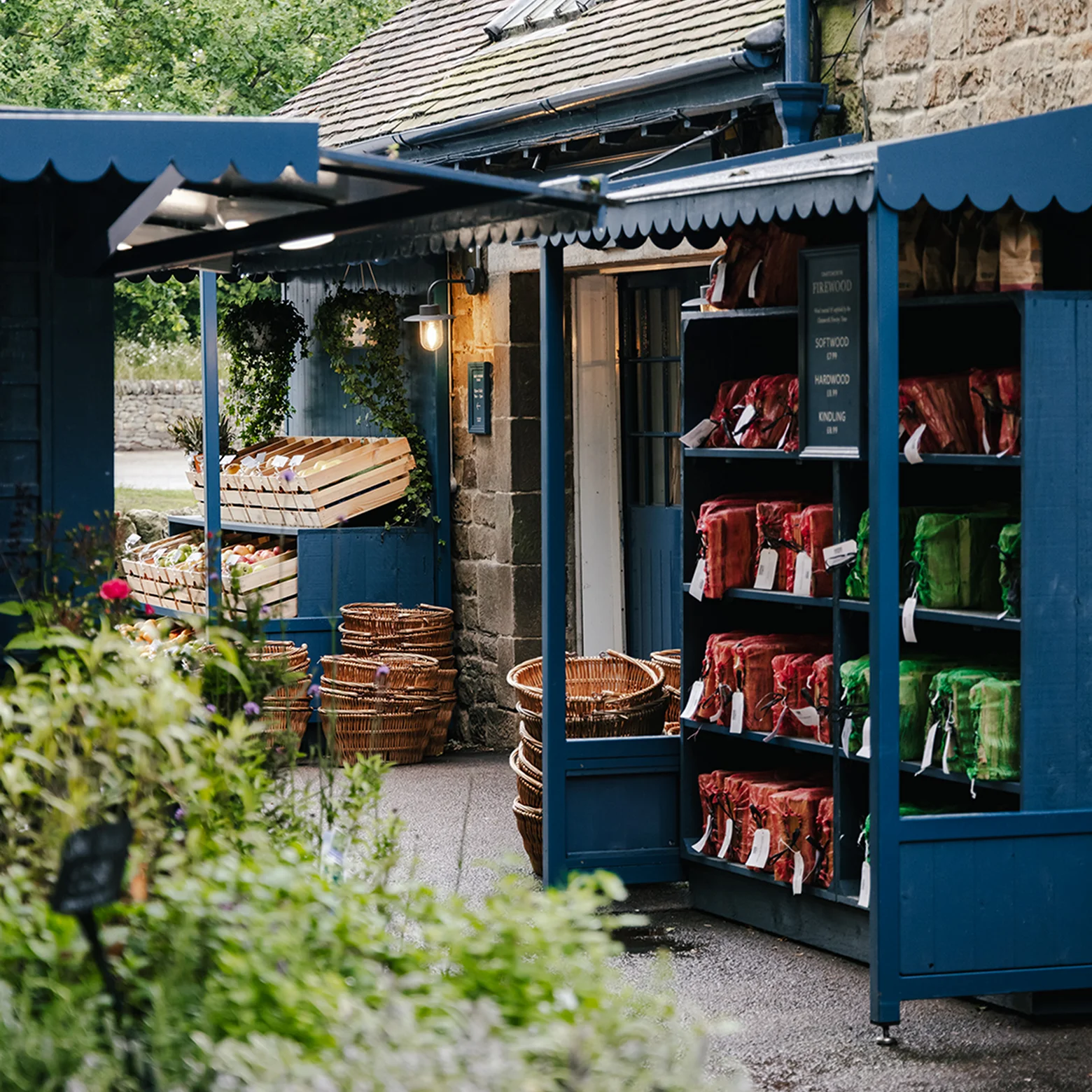 Exterior entrance, wood store, wicker baskets