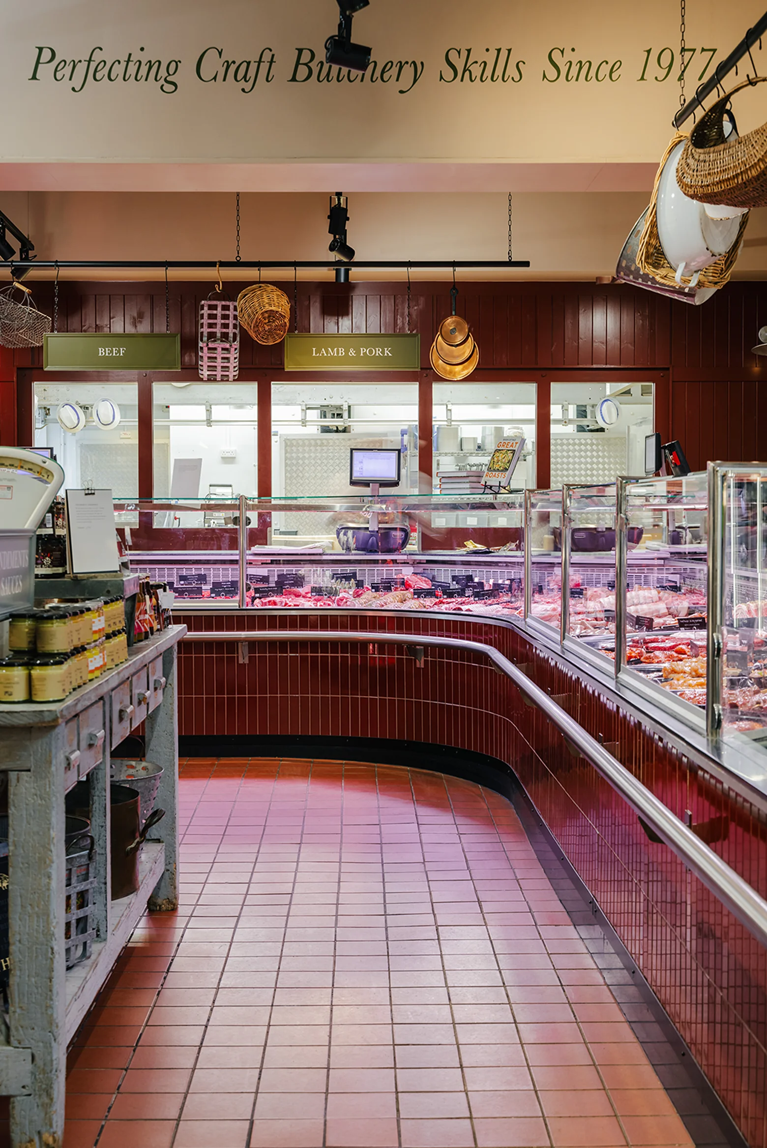 Red tiled butchers display and counter