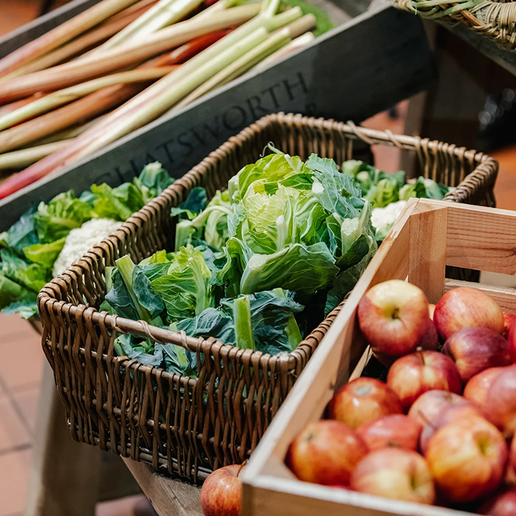 Seasonal produce in wicker baskets