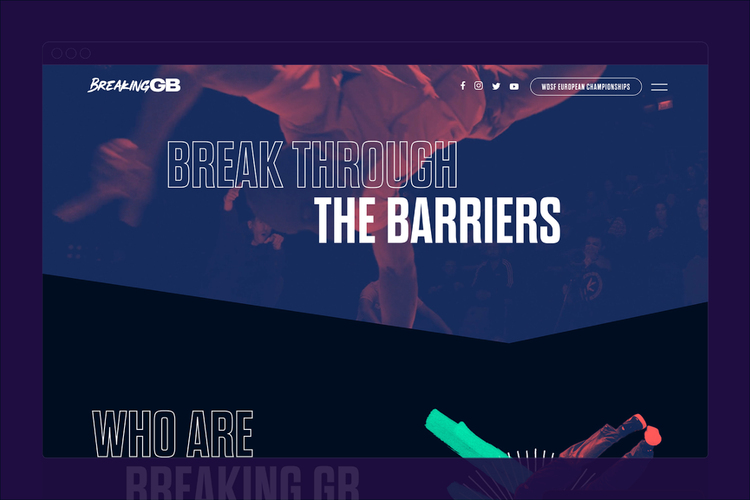 Breaking GB website design - Break through the barriers, who are breaking GB. Red and Blue graphic of people breaking.