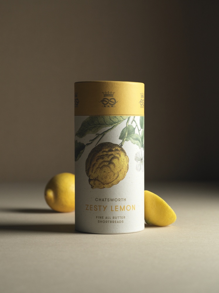 Chatsworth Zesty Lemon, Fine All Butter Shortbread in an elegant cardboard tube with a historical image of a lemon.